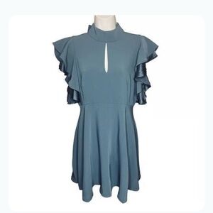 Cinq à Sept Reiko flutter sleeve silk mini cocktail prom dress teal blue XS sz 0